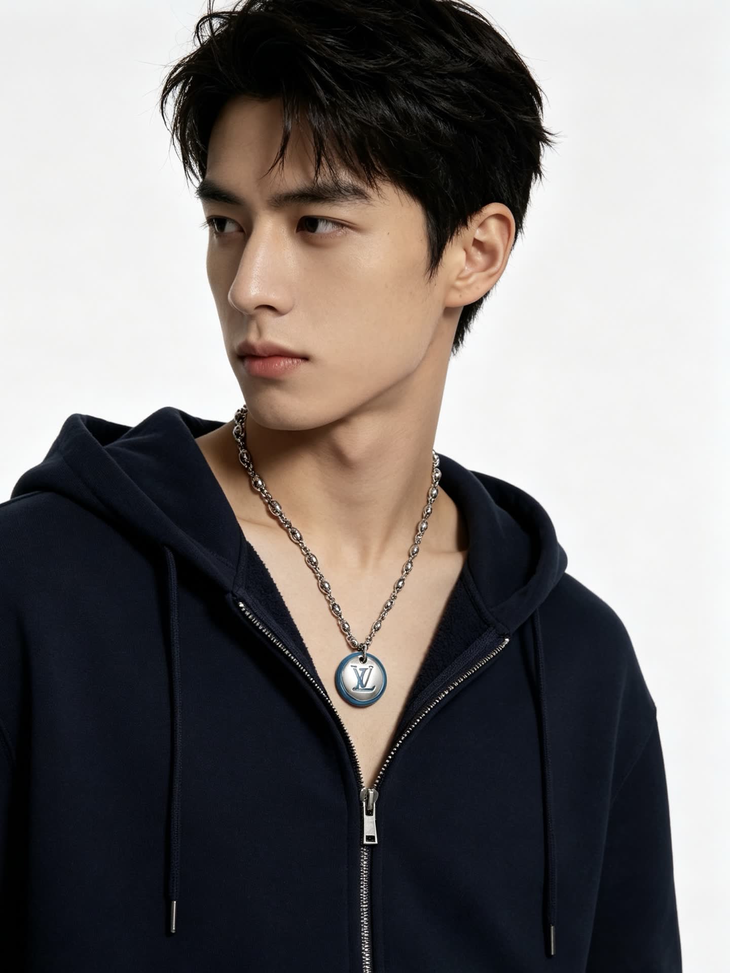 Louis Vuitton Silver and Blue Logo Pendant Necklace
